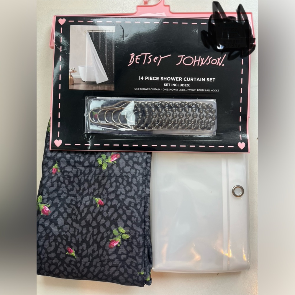 Betsey Johnson Black and Pink Floral Shower Curtain Set